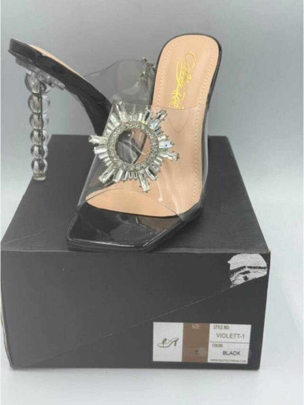 Cathy Din Black Clear Heel Mule W/Rhinestone Accent - Size 7